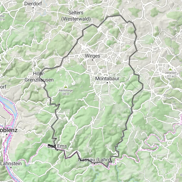 Karten-Miniaturansicht der Radinspiration "Rund um Bad Ems: Über Höhen und Täler" in Koblenz, Germany. Erstellt vom Tarmacs.app-Routenplaner für Radtouren