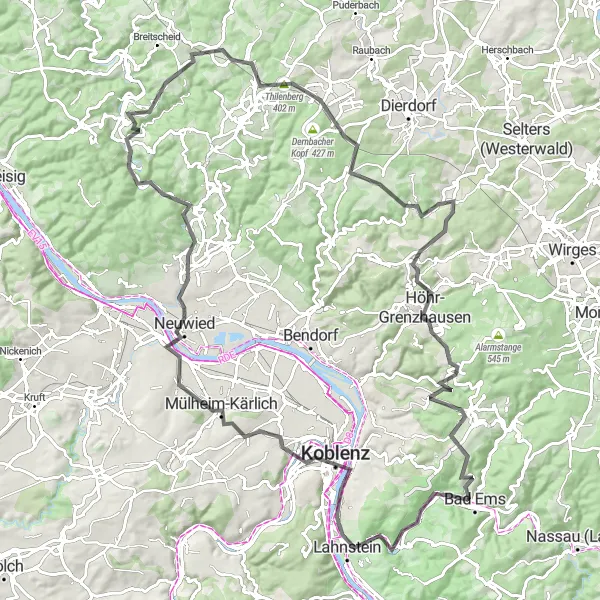 Karten-Miniaturansicht der Radinspiration "Herausforderung Westerwald: Lahnstein und zurück" in Koblenz, Germany. Erstellt vom Tarmacs.app-Routenplaner für Radtouren