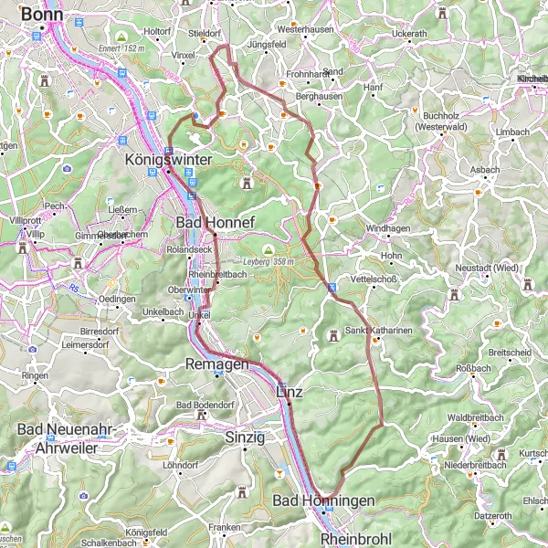 Map miniature of "Gravel Adventure to Drachenfels" cycling inspiration in Koblenz, Germany. Generated by Tarmacs.app cycling route planner