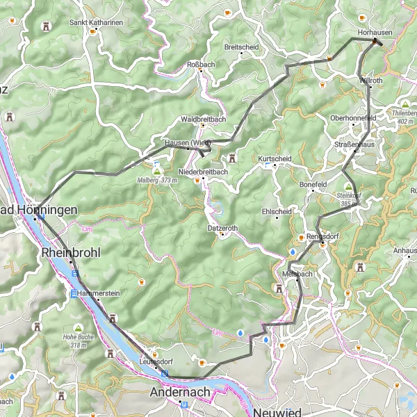 Map miniature of "Scenic Road Cycling in Bad Hönningen" cycling inspiration in Koblenz, Germany. Generated by Tarmacs.app cycling route planner