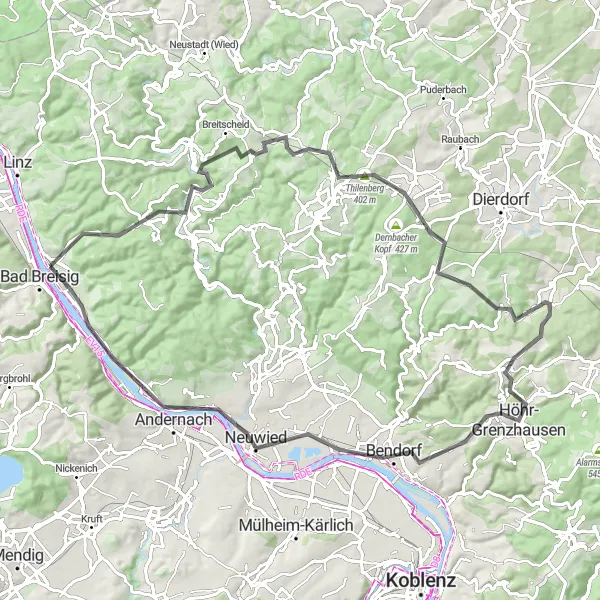 Karten-Miniaturansicht der Radinspiration "Höhen und Täler Tour" in Koblenz, Germany. Erstellt vom Tarmacs.app-Routenplaner für Radtouren