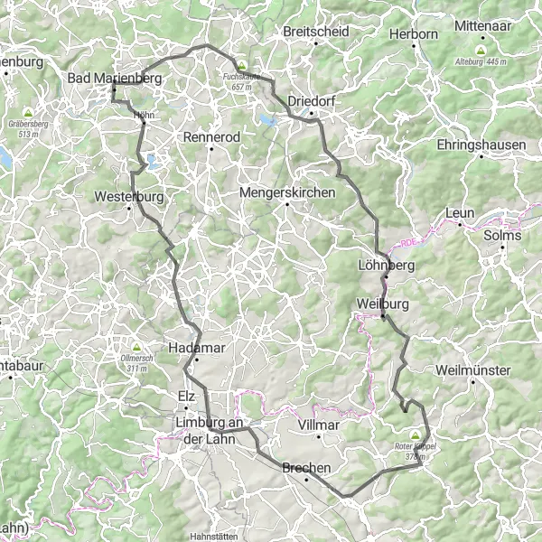 Map miniature of "Marienberg Ultimate Road Challenge" cycling inspiration in Koblenz, Germany. Generated by Tarmacs.app cycling route planner