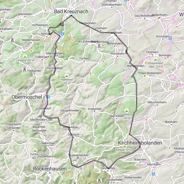Karten-Miniaturansicht der Radinspiration "Wendelsheim - Kirchheimbolanden Rundtour" in Koblenz, Germany. Erstellt vom Tarmacs.app-Routenplaner für Radtouren