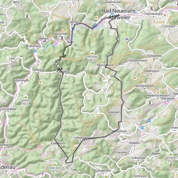 Karten-Miniaturansicht der Radinspiration "Herausfordernde Hügel und idyllische Dörfer" in Koblenz, Germany. Erstellt vom Tarmacs.app-Routenplaner für Radtouren