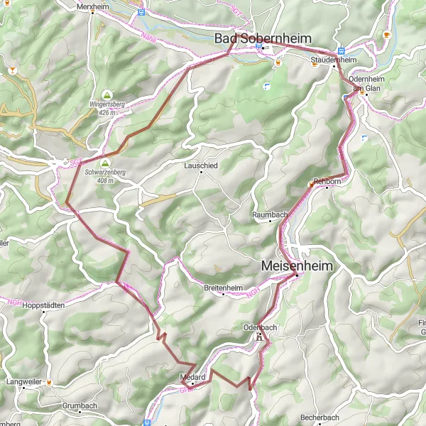 Karten-Miniaturansicht der Radinspiration "Biketour nach Meisenheim von Bad Sobernheim" in Koblenz, Germany. Erstellt vom Tarmacs.app-Routenplaner für Radtouren