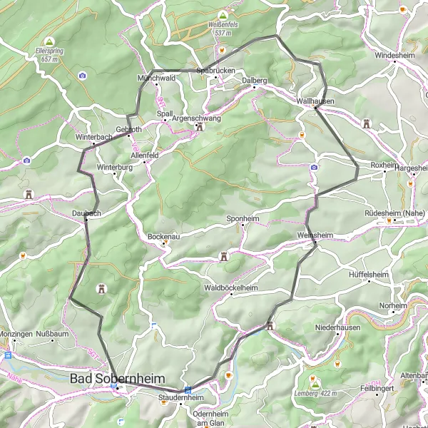 Map miniature of "Bad Sobernheim to Domberg Loop" cycling inspiration in Koblenz, Germany. Generated by Tarmacs.app cycling route planner