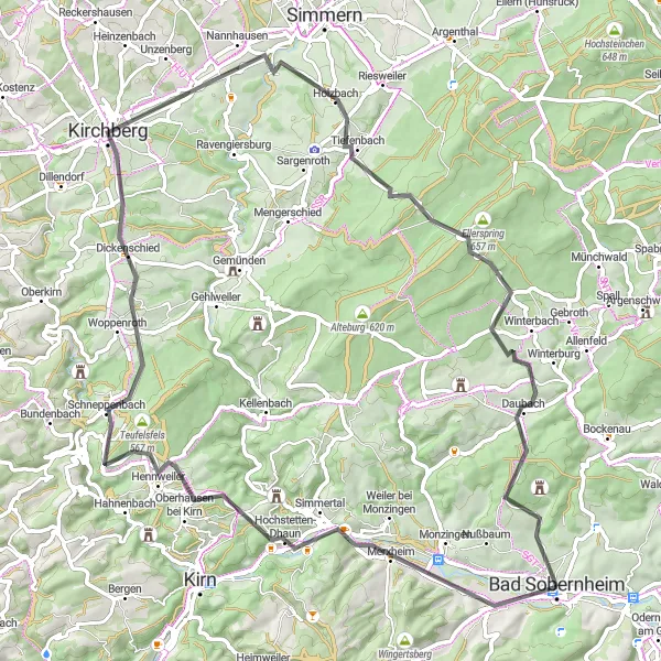 Karten-Miniaturansicht der Radinspiration "Roadtrip nach Hüttenberg von Bad Sobernheim" in Koblenz, Germany. Erstellt vom Tarmacs.app-Routenplaner für Radtouren