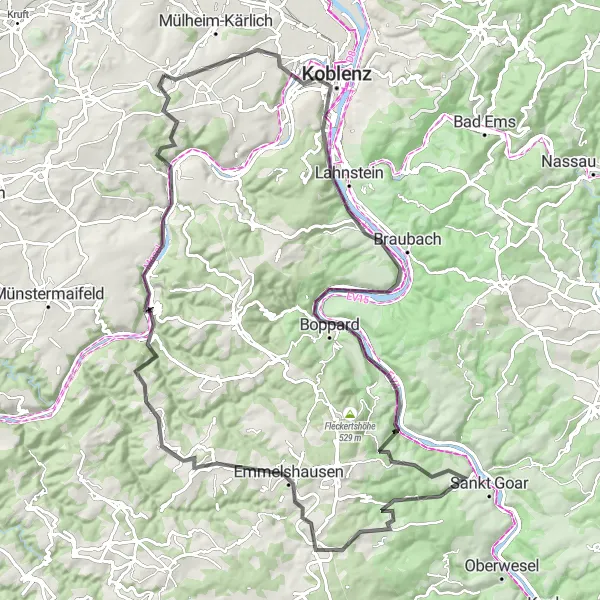 Karten-Miniaturansicht der Radinspiration "Epische Fahrt durch das Rheintal" in Koblenz, Germany. Erstellt vom Tarmacs.app-Routenplaner für Radtouren