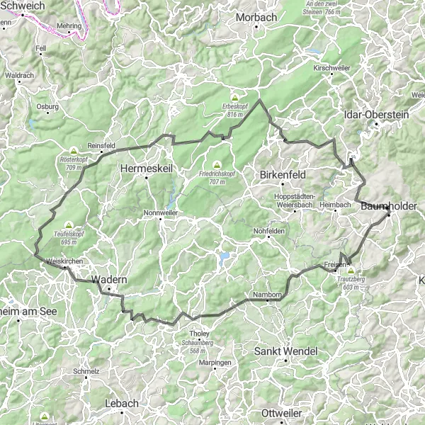 Map miniature of "The Baumholder Hills Challenge" cycling inspiration in Koblenz, Germany. Generated by Tarmacs.app cycling route planner