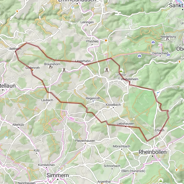 Karten-Miniaturansicht der Radinspiration "Gravel-Tour von Beltheim nach Gödenroth" in Koblenz, Germany. Erstellt vom Tarmacs.app-Routenplaner für Radtouren