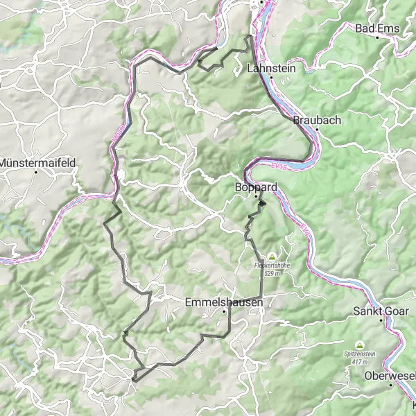 Map miniature of "The Grand Challenge" cycling inspiration in Koblenz, Germany. Generated by Tarmacs.app cycling route planner