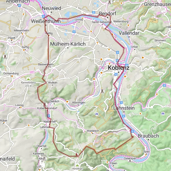 Map miniature of "Bendorf Gravel Loop" cycling inspiration in Koblenz, Germany. Generated by Tarmacs.app cycling route planner