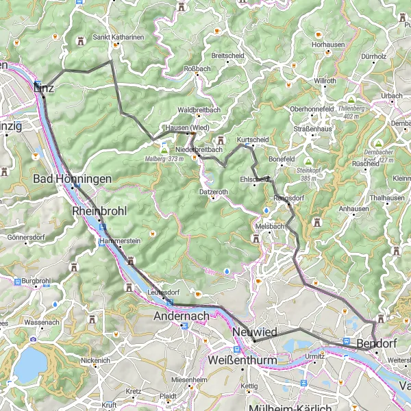 Map miniature of "The Rhine Valley Loop" cycling inspiration in Koblenz, Germany. Generated by Tarmacs.app cycling route planner