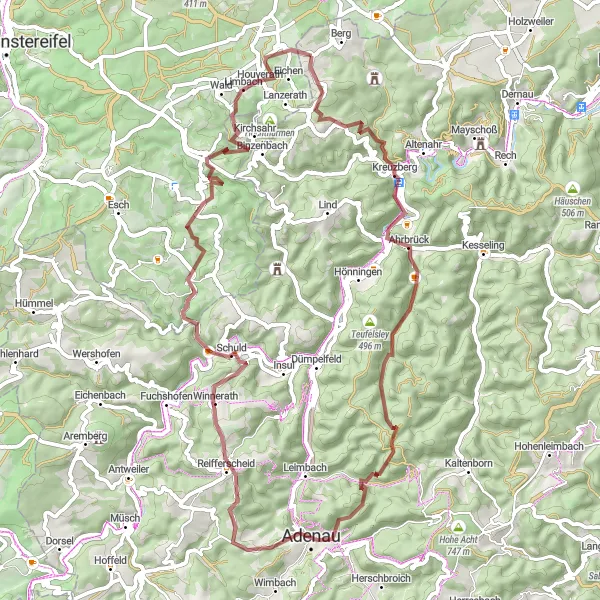 Map miniature of "Gravel adventure at Hasenberg and Kreuzberg" cycling inspiration in Koblenz, Germany. Generated by Tarmacs.app cycling route planner