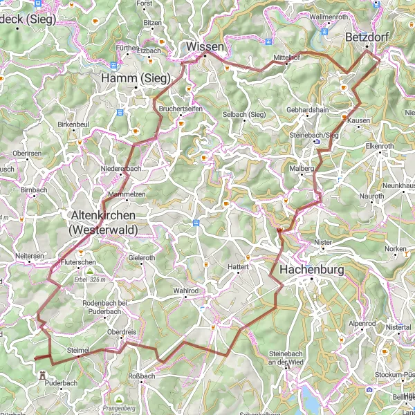 Map miniature of "The Adventurous Soul of Betzdorf on Gravel" cycling inspiration in Koblenz, Germany. Generated by Tarmacs.app cycling route planner