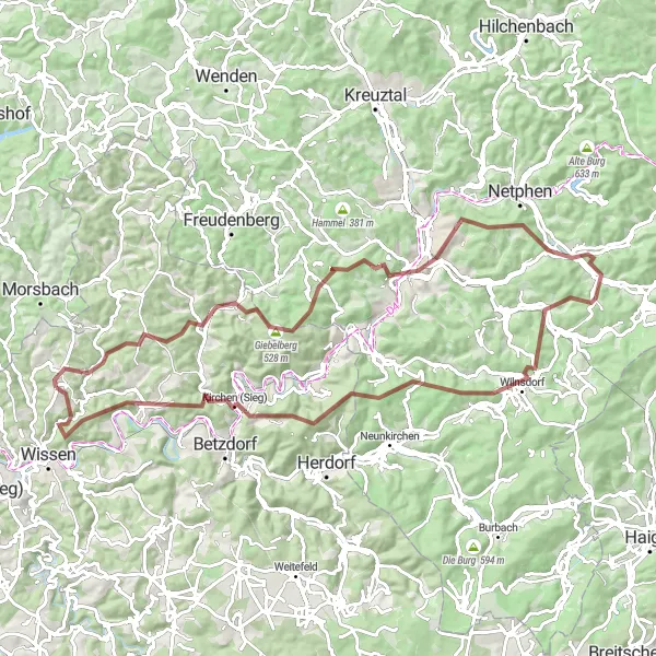 Map miniature of "Gravel Adventure: Birken-Honigsessen to Kirchen" cycling inspiration in Koblenz, Germany. Generated by Tarmacs.app cycling route planner