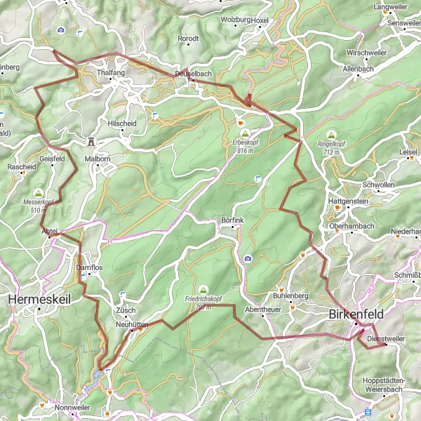 Karten-Miniaturansicht der Radinspiration "Gravel Route über Abentheuer und Deuselbach" in Koblenz, Germany. Erstellt vom Tarmacs.app-Routenplaner für Radtouren
