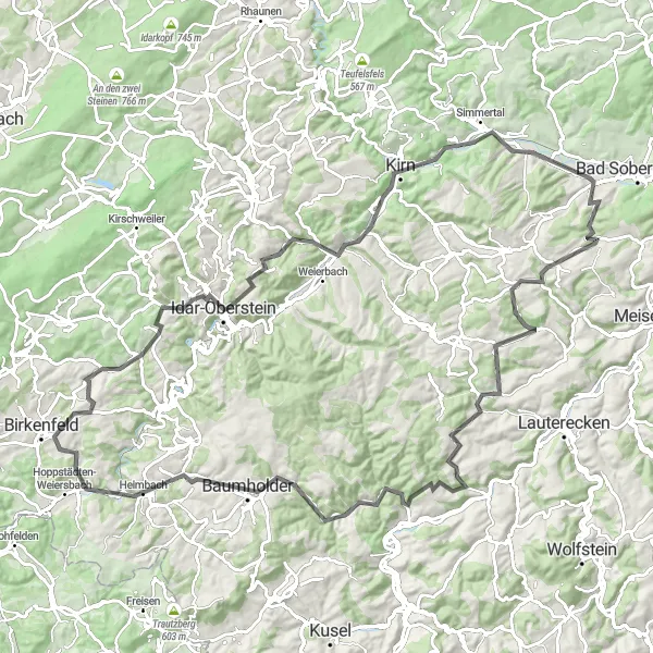 Map miniature of "Idar-Oberstein Loop" cycling inspiration in Koblenz, Germany. Generated by Tarmacs.app cycling route planner