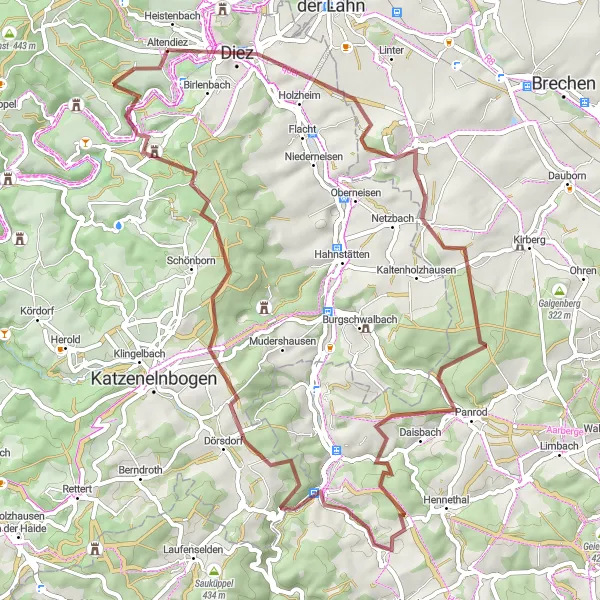 Map miniature of "Katzenstein to Balduinstein" cycling inspiration in Koblenz, Germany. Generated by Tarmacs.app cycling route planner