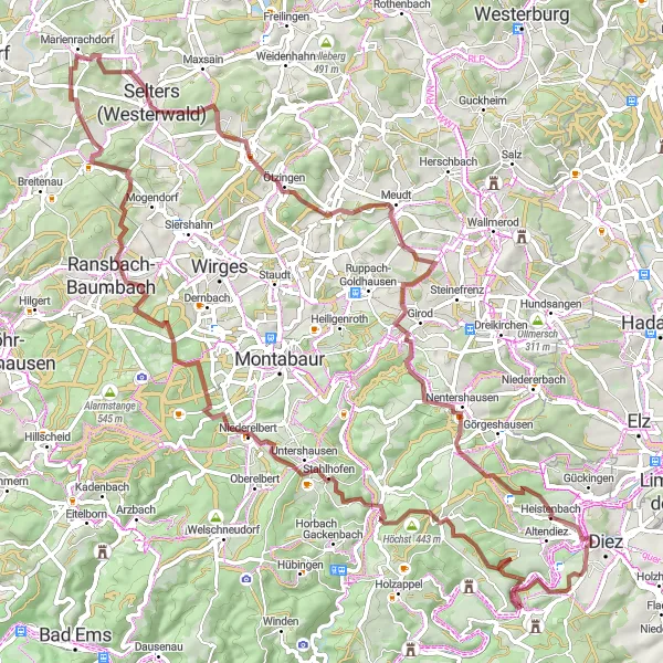 Map miniature of "The Ultimate Gravel Challenge" cycling inspiration in Koblenz, Germany. Generated by Tarmacs.app cycling route planner