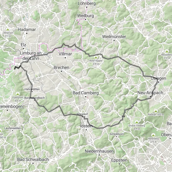 Map miniature of "Limburg an der Lahn to Usingen" cycling inspiration in Koblenz, Germany. Generated by Tarmacs.app cycling route planner