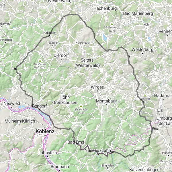 Karten-Miniaturansicht der Radinspiration "Road-Tour mit spektakulären Highlights in der Umgebung von Birlenbach" in Koblenz, Germany. Erstellt vom Tarmacs.app-Routenplaner für Radtouren
