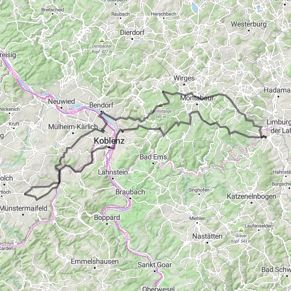 Karten-Miniaturansicht der Radinspiration "Rheintal und Westerwald" in Koblenz, Germany. Erstellt vom Tarmacs.app-Routenplaner für Radtouren
