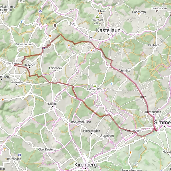 Map miniature of "The Blankenrath Gravel Loop" cycling inspiration in Koblenz, Germany. Generated by Tarmacs.app cycling route planner