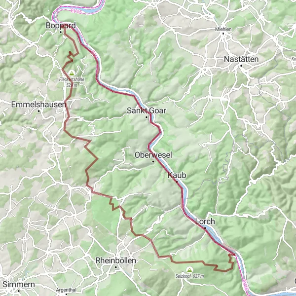 Karten-Miniaturansicht der Radinspiration "Boppard - Fleckertshöhe - Burg Reichenstein - Alexanderplatz - Kamp-Bornhofen" in Koblenz, Germany. Erstellt vom Tarmacs.app-Routenplaner für Radtouren