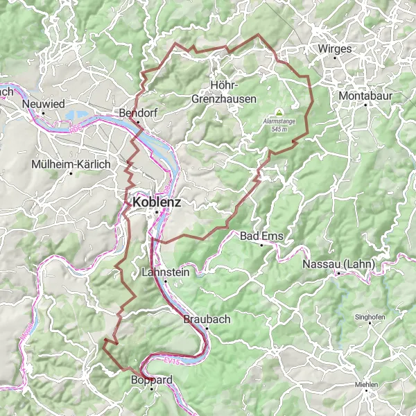 Karten-Miniaturansicht der Radinspiration "Graveltour Boppard und Umgebung" in Koblenz, Germany. Erstellt vom Tarmacs.app-Routenplaner für Radtouren