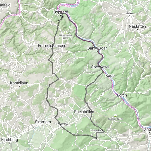 Karten-Miniaturansicht der Radinspiration "Boppard - Niederwald - Erbach - Schanzerkopf - Maisborn" in Koblenz, Germany. Erstellt vom Tarmacs.app-Routenplaner für Radtouren