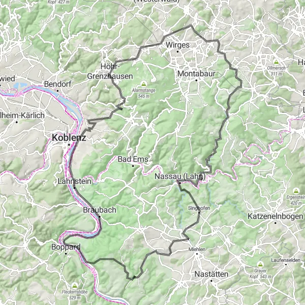 Karten-Miniaturansicht der Radinspiration "Boppard - Koppelstein - Malberg - Lai - Kamp-Bornhofen" in Koblenz, Germany. Erstellt vom Tarmacs.app-Routenplaner für Radtouren