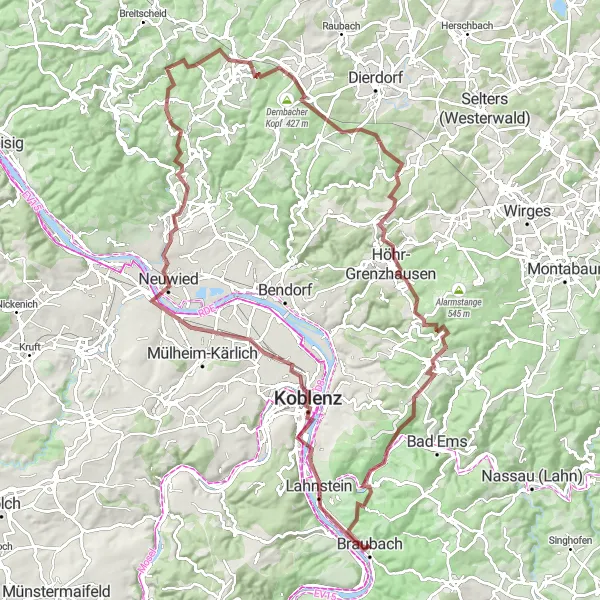 Map miniature of "Moselle Valley Gravel Journey" cycling inspiration in Koblenz, Germany. Generated by Tarmacs.app cycling route planner