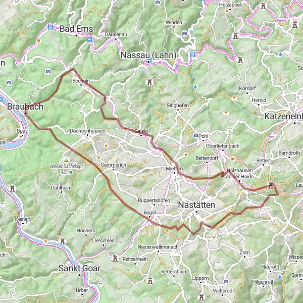 Karten-Miniaturansicht der Radinspiration "Gravelroute um Braubach" in Koblenz, Germany. Erstellt vom Tarmacs.app-Routenplaner für Radtouren