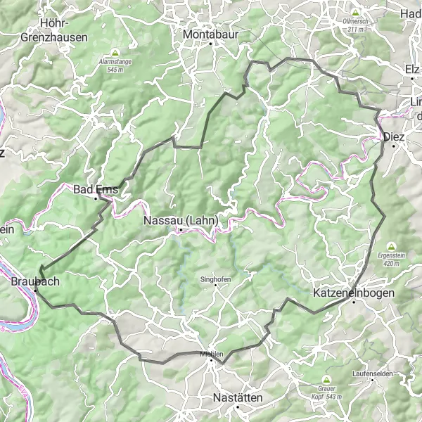 Map miniature of "Hilltops and Valleys Road Adventure" cycling inspiration in Koblenz, Germany. Generated by Tarmacs.app cycling route planner
