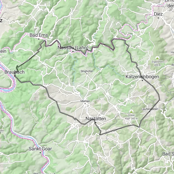 Map miniature of "The Rhine Valley Ride" cycling inspiration in Koblenz, Germany. Generated by Tarmacs.app cycling route planner