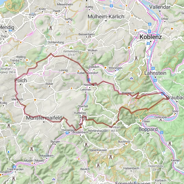 Karten-Miniaturansicht der Radinspiration "Gravel-Abenteuer am Rhein und der Lahn" in Koblenz, Germany. Erstellt vom Tarmacs.app-Routenplaner für Radtouren