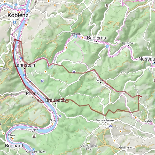 Map miniature of "Gravel Cycling – Lahneck & Lahnstein" cycling inspiration in Koblenz, Germany. Generated by Tarmacs.app cycling route planner