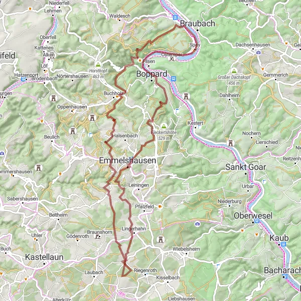 Map miniature of "Rhens-Kohlberg-Thörlingen-Hausbay-Emmelshausen-Graskopf-Filsen Cycle Route" cycling inspiration in Koblenz, Germany. Generated by Tarmacs.app cycling route planner