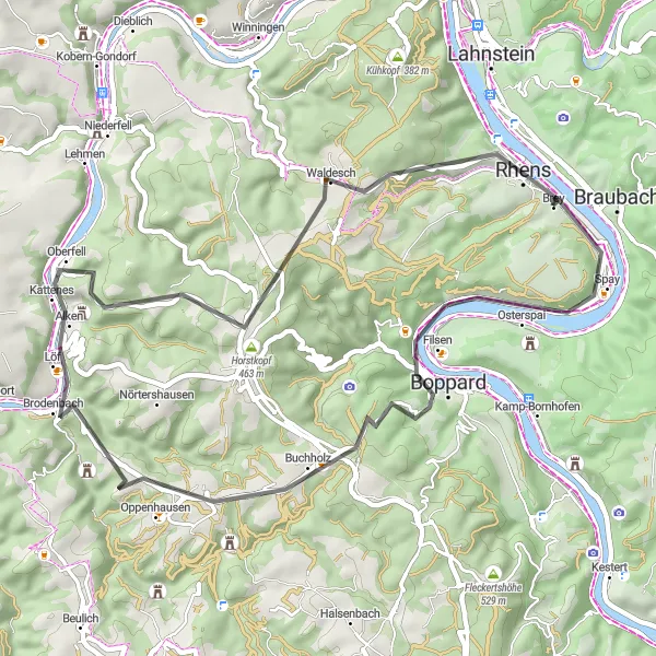 Map miniature of "Road Cycling – Boppard Loop" cycling inspiration in Koblenz, Germany. Generated by Tarmacs.app cycling route planner