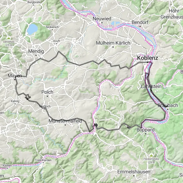 Map miniature of "Road Cycling – Extended Koblenz Round Trip" cycling inspiration in Koblenz, Germany. Generated by Tarmacs.app cycling route planner