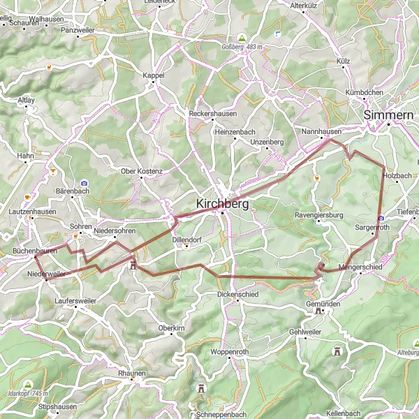 Karten-Miniaturansicht der Radinspiration "Kurz und knackig: Gravel-Tour um Kirchberg" in Koblenz, Germany. Erstellt vom Tarmacs.app-Routenplaner für Radtouren