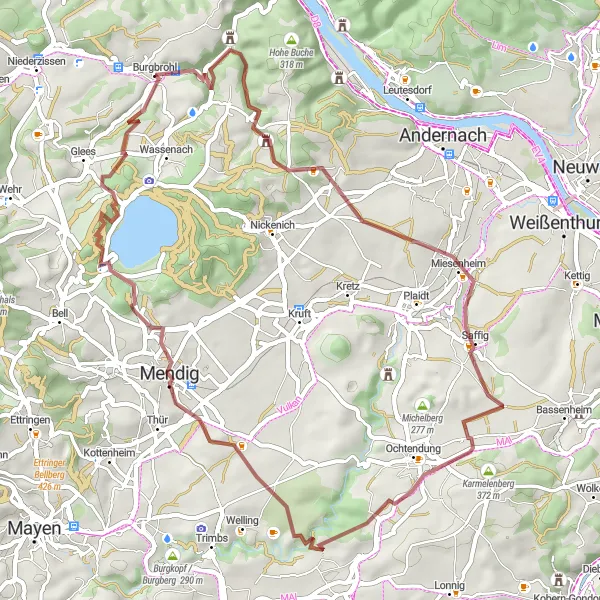 Map miniature of "Scenic Gravel Loop" cycling inspiration in Koblenz, Germany. Generated by Tarmacs.app cycling route planner