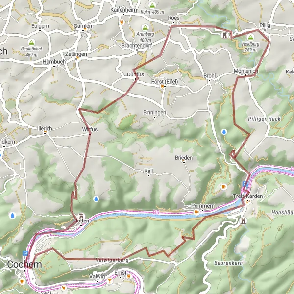 Map miniature of "Valwig Gravel Adventure" cycling inspiration in Koblenz, Germany. Generated by Tarmacs.app cycling route planner