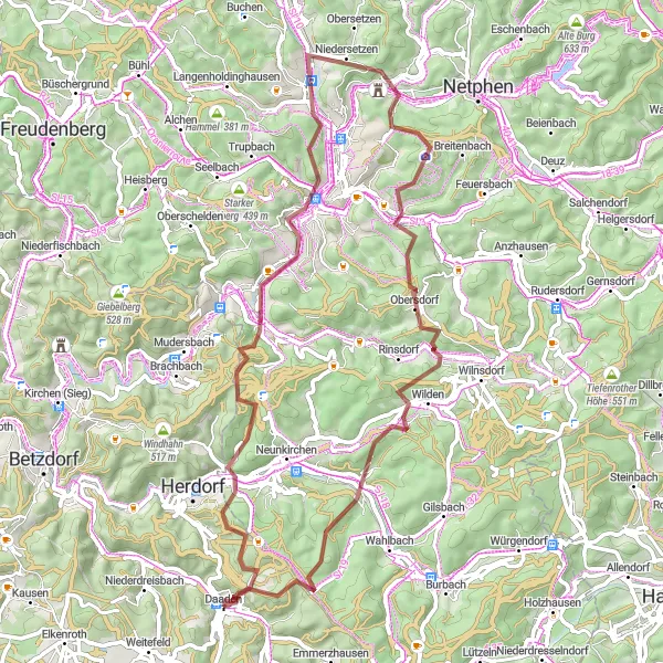 Map miniature of "From Daaden to Siegen in the Heart of Nature" cycling inspiration in Koblenz, Germany. Generated by Tarmacs.app cycling route planner
