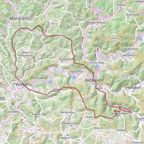 Map miniature of "Gravel Adventure in Niederdreisbach" cycling inspiration in Koblenz, Germany. Generated by Tarmacs.app cycling route planner