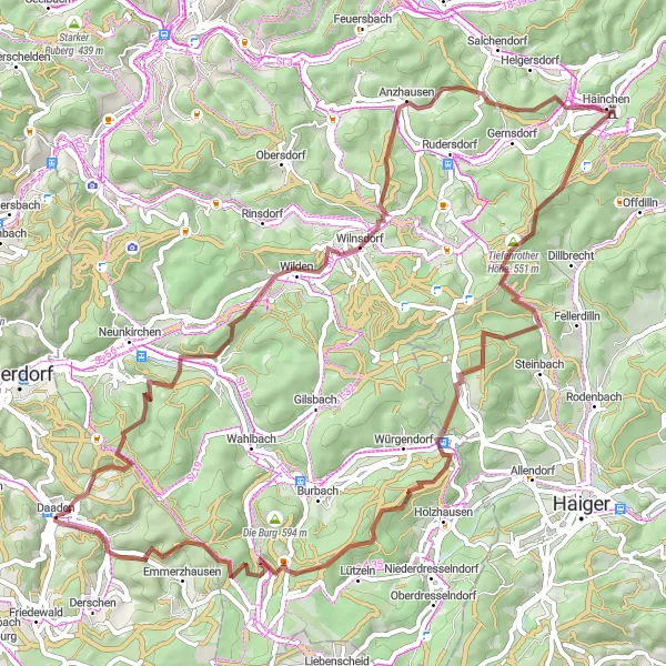 Map miniature of "Rugged Gravel Trail to Daaden" cycling inspiration in Koblenz, Germany. Generated by Tarmacs.app cycling route planner