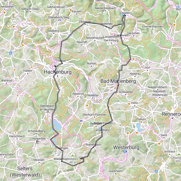 Map miniature of "Road Cycling through the Highlands" cycling inspiration in Koblenz, Germany. Generated by Tarmacs.app cycling route planner