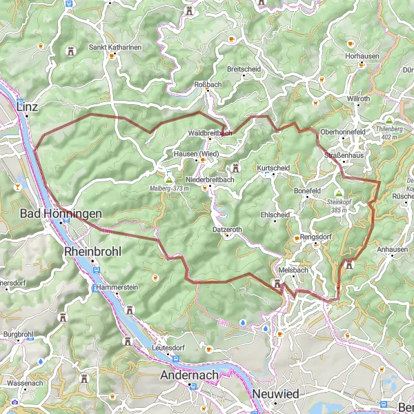 Map miniature of "Rhine Valley Gravel Ride" cycling inspiration in Koblenz, Germany. Generated by Tarmacs.app cycling route planner