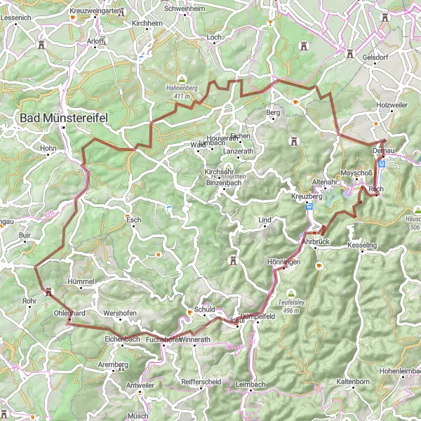 Map miniature of "Panoramic Gravel Ride to Todenfeld and Altenahr" cycling inspiration in Koblenz, Germany. Generated by Tarmacs.app cycling route planner